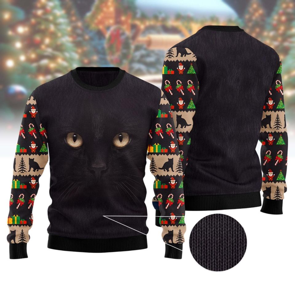 Black Cat Ugly Christmas Sweater, Cat Lover Gift For Christmas