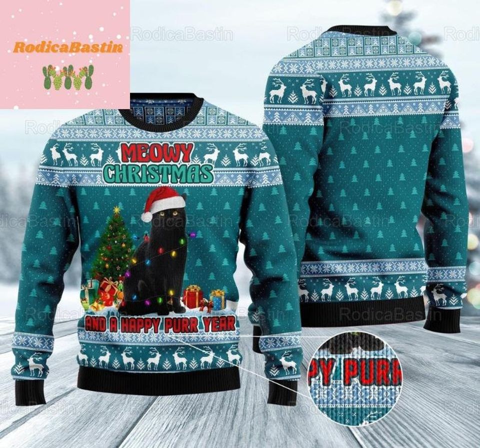 Black Cat Ugly Christmas Sweater, Cat Lover Sweater