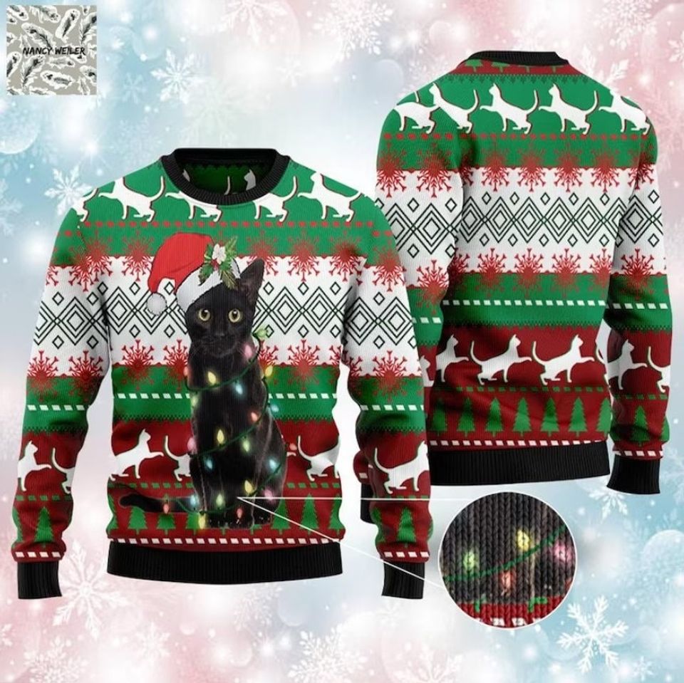 Black Cat Ugly Christmas Sweater, Funny Cat Neon Light Santa hat Christmas