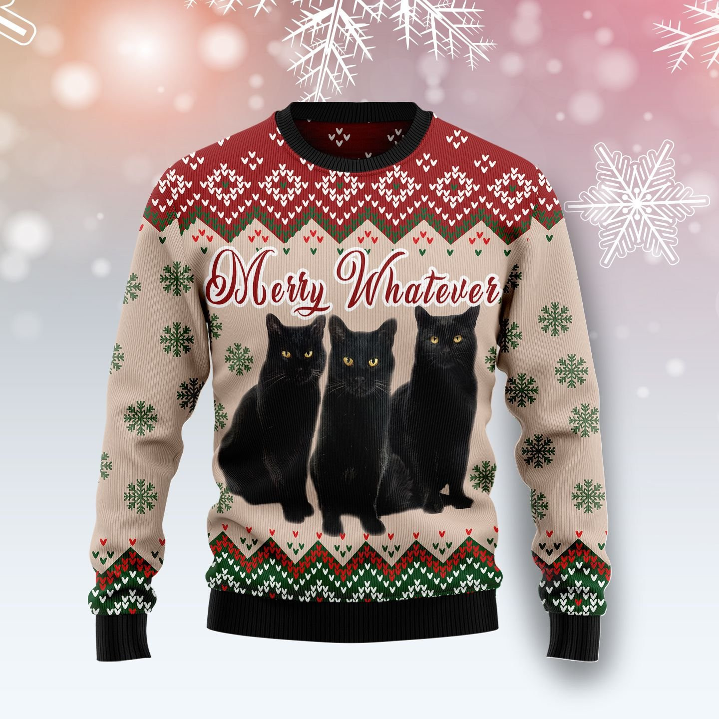 Black Cat Vintage Flower Ugly Christmas Sweater Adult 3D Funny Matching for family