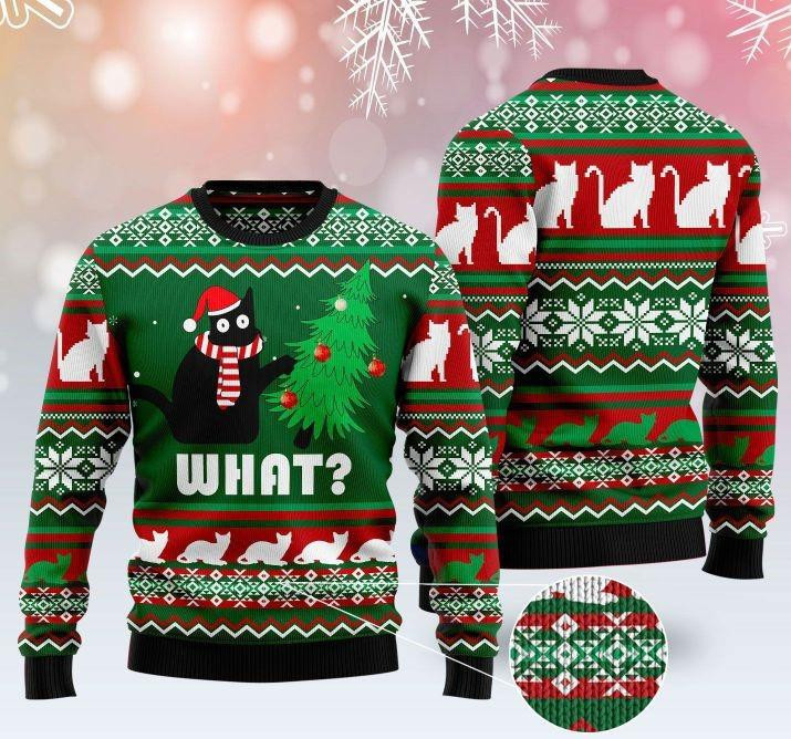 Black Cat What Pattern Ugly Christmas Sweater Adult 3D Funny Matching for family