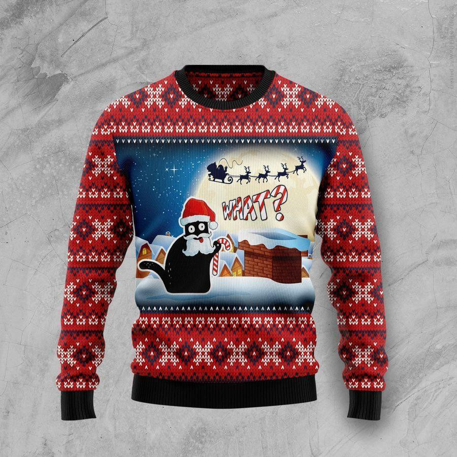 Black Cat What Ugly Christmas Sweater Adult 3D Funny Matching for family