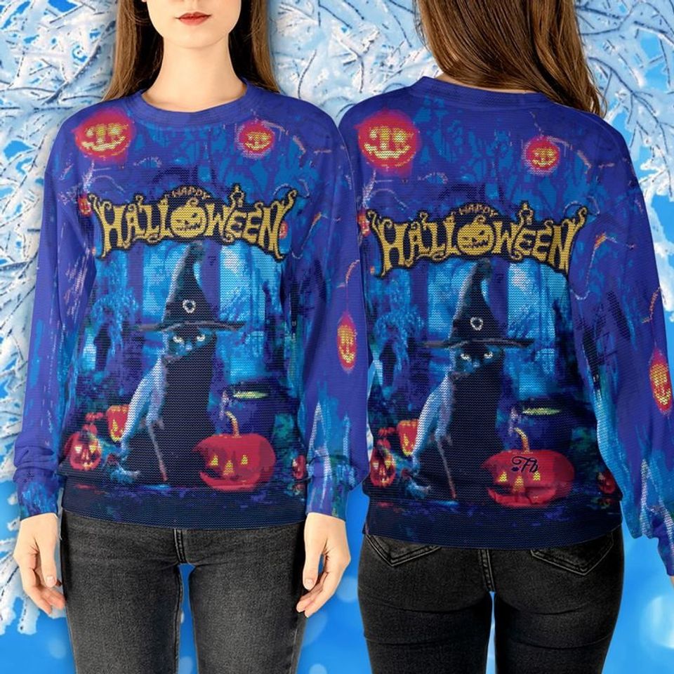 Black Cat, Witch, Happy Halloween, Sweatshirt  3D