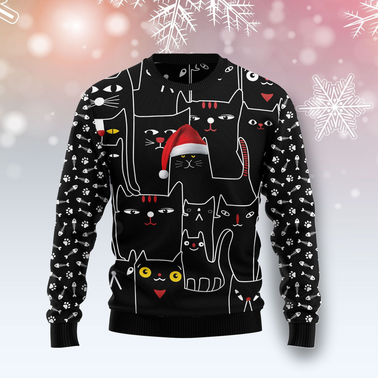 Black Cat With Noel Hat Ugly Christmas Sweater Adult 3D Funny Matching for family