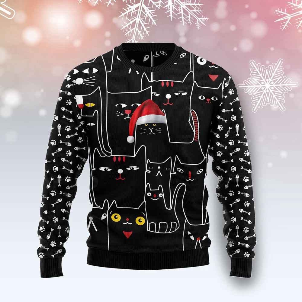 Black Cat With Noel Hat Unisex Sweater for Couples, Friends, Funny Family Christmas Gift