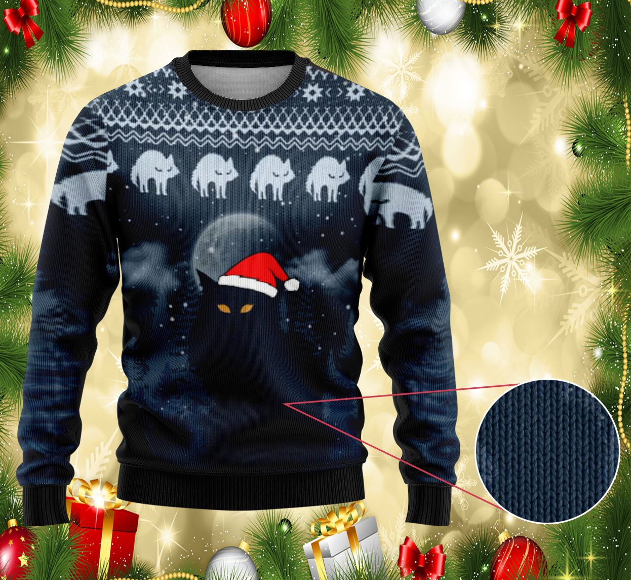 Black Cat with Santa Hat Christmas Ugly Sweater Fun Holiday Apparel for Friends