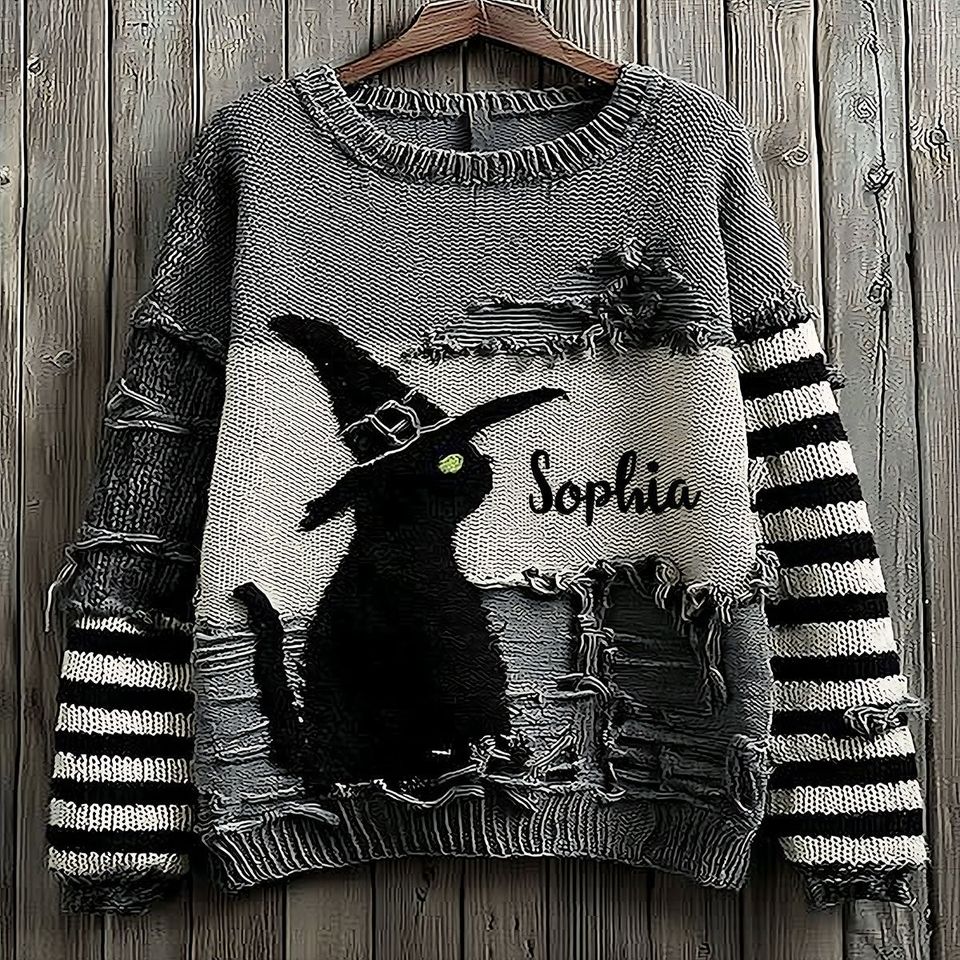 Black Cat With Witch Hat Personalized Witch Ugly Sweater