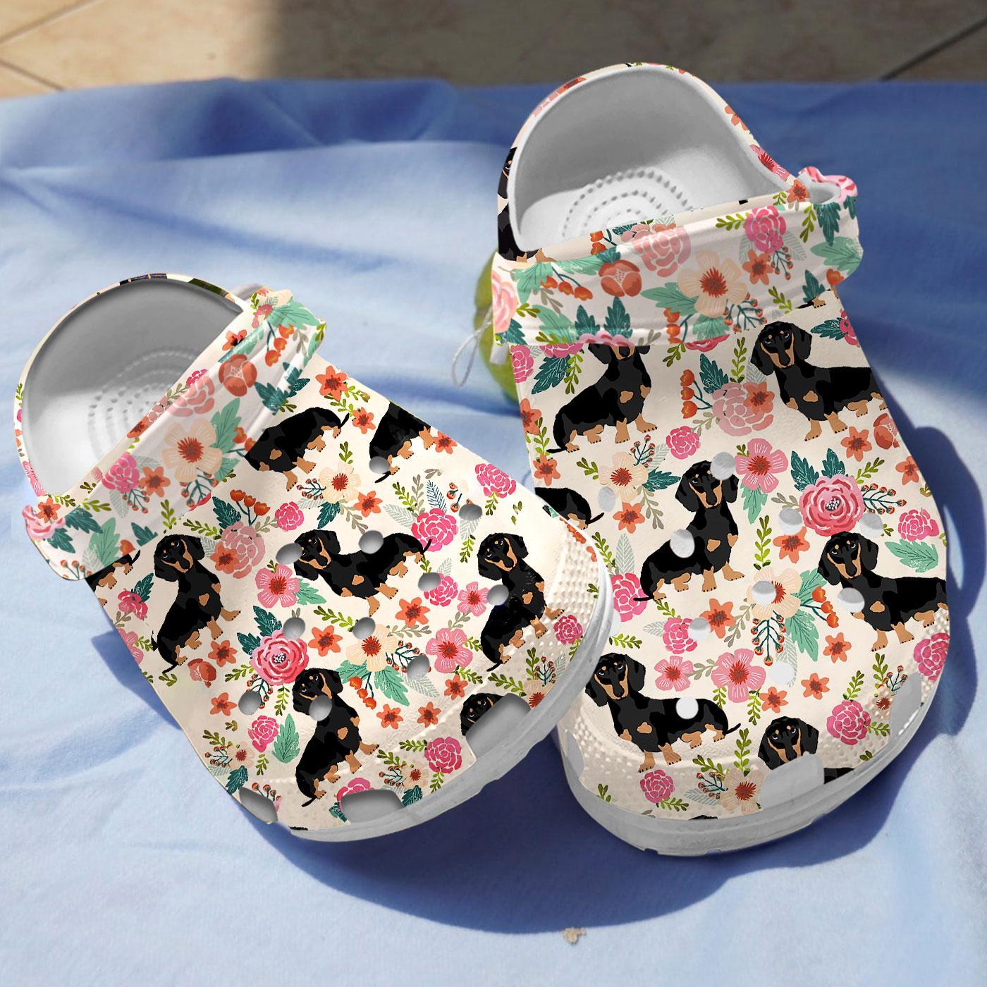 Black Dachshund Floral Crocs Crocband Clogs Comfy