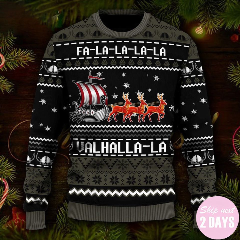 Black Falalalala Valhallala Viking Ships Viking Ugly Christmas