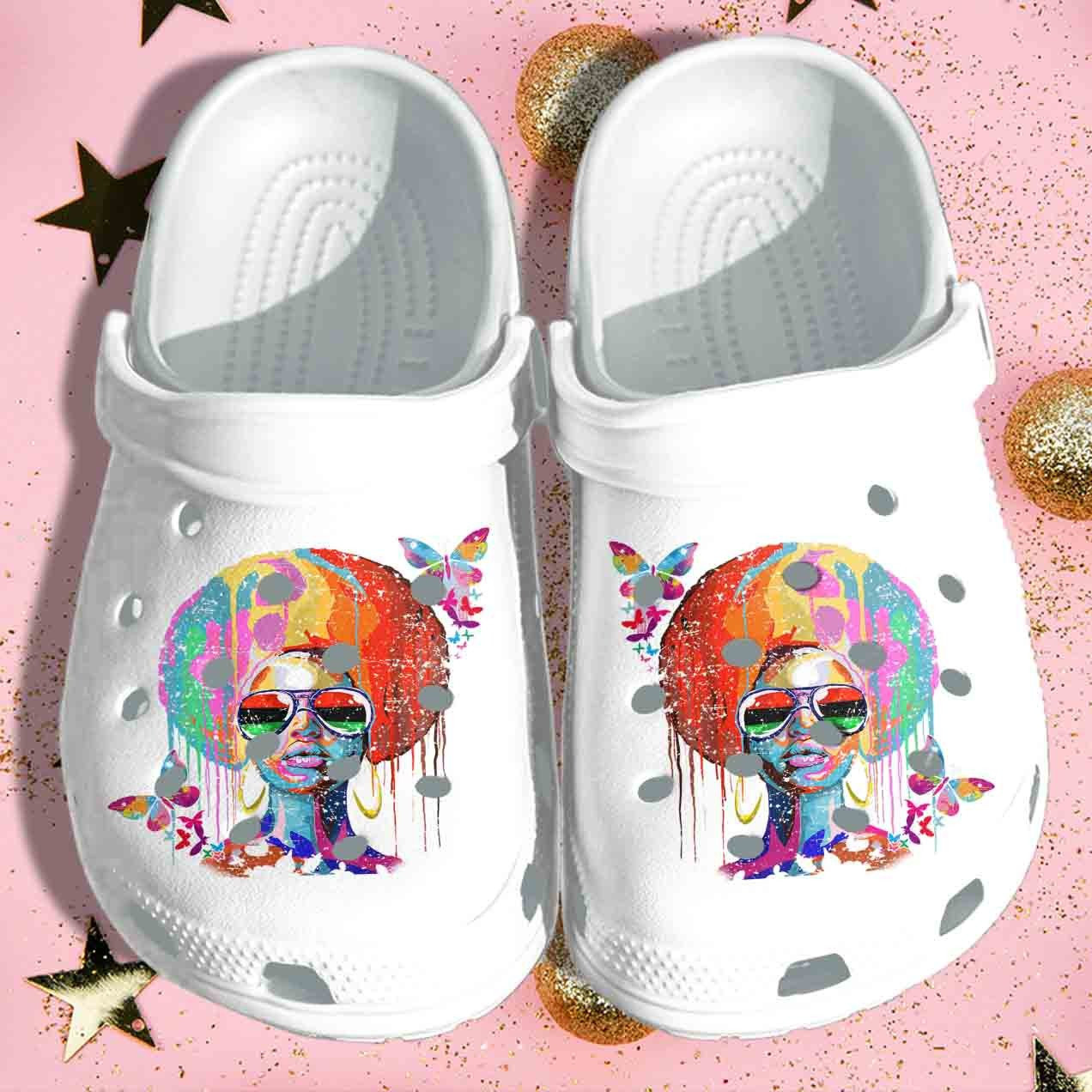Black Girl Autism Awareness Hippie Butterflies Shoes Clogs - Colorful Queen Girl Clog