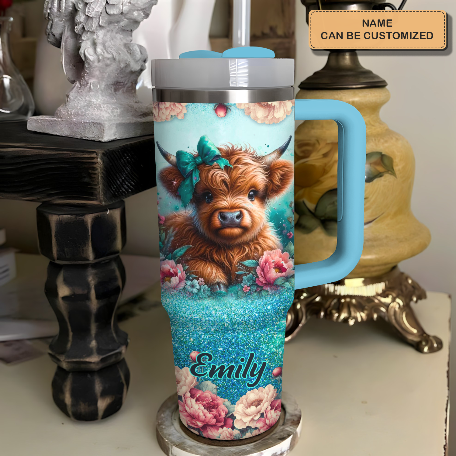 Blooming Moo-d – Personalized Tumbler With Handle – Gift for Highland Cow Lover NCU0PT17Custom Stanley Cup 40 oz 30 oz Tumbler With HandleTVC2301726