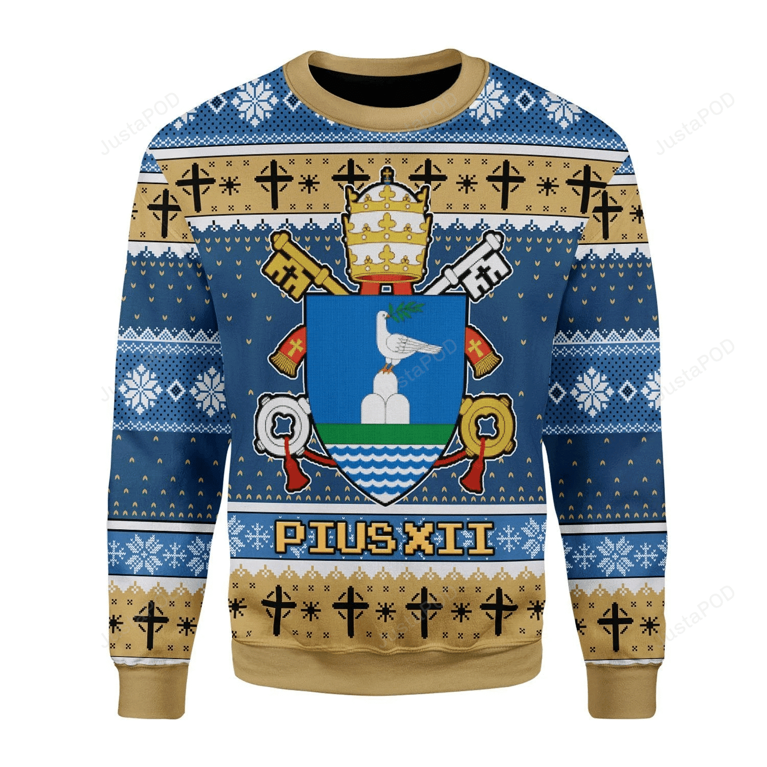 Blue Brown Christmas Pius Xll Coat Of Arms Gearhomies For Unisex Ugly Christmas Sweater Adult 3D Funny Matching for family