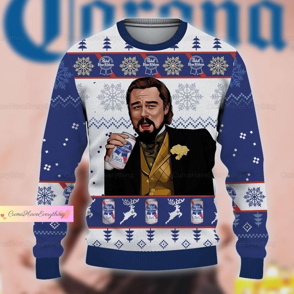 Blue Ribbon Beer Laughing Leonardo DiCaprio Meme Ugly Christmas Sweater, Funny Christmas Ugly Sweater