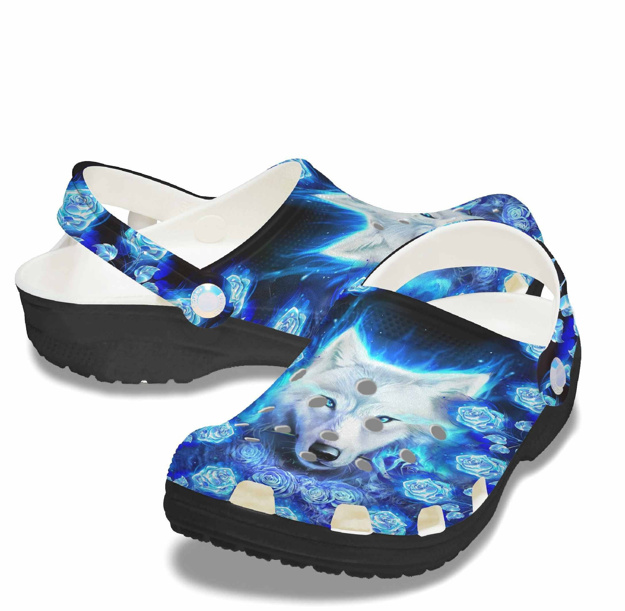 Blue Roses And Diamond Wolf Shoes - Wolf Rose Crocbland Clog Birthday Gifts For Women Mother Daughter