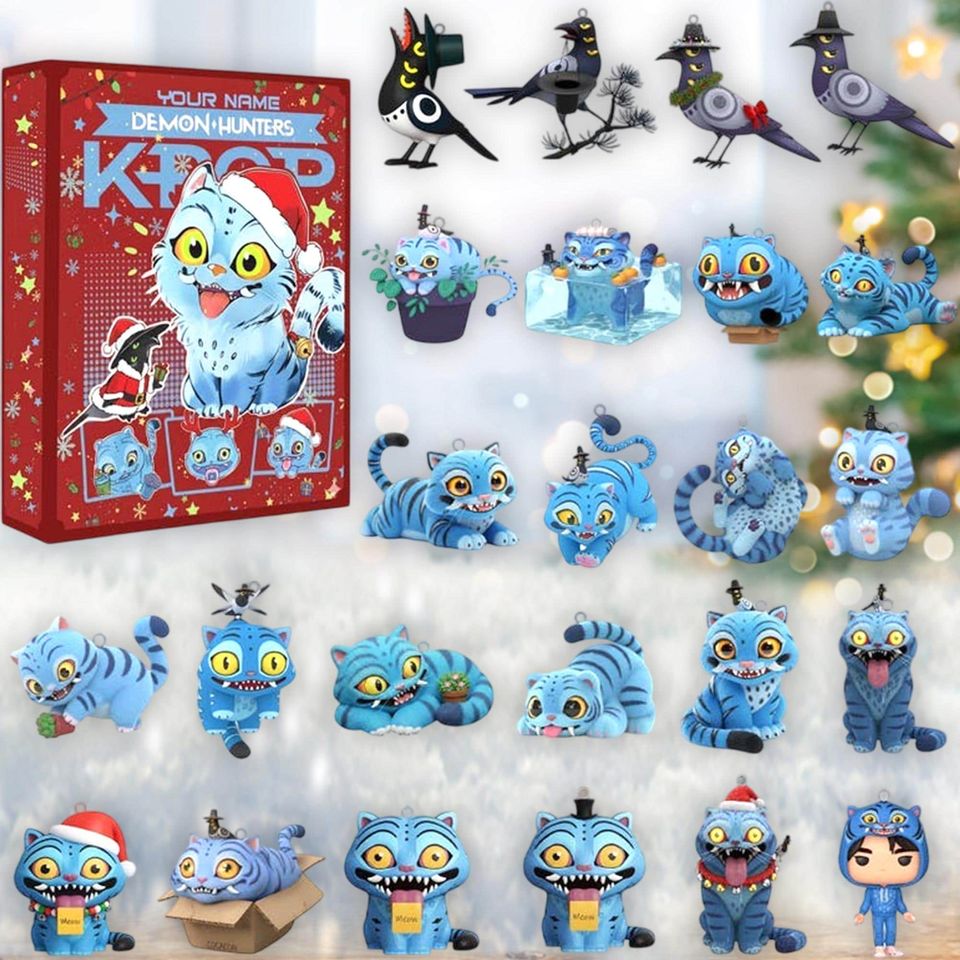 Blue Tiger Figure Calendar, Demon Kitten Ornaments, Feline Art Christmas Gift, Asian Pop Style Decor, Advent Calendar Acrylic  2D Flat