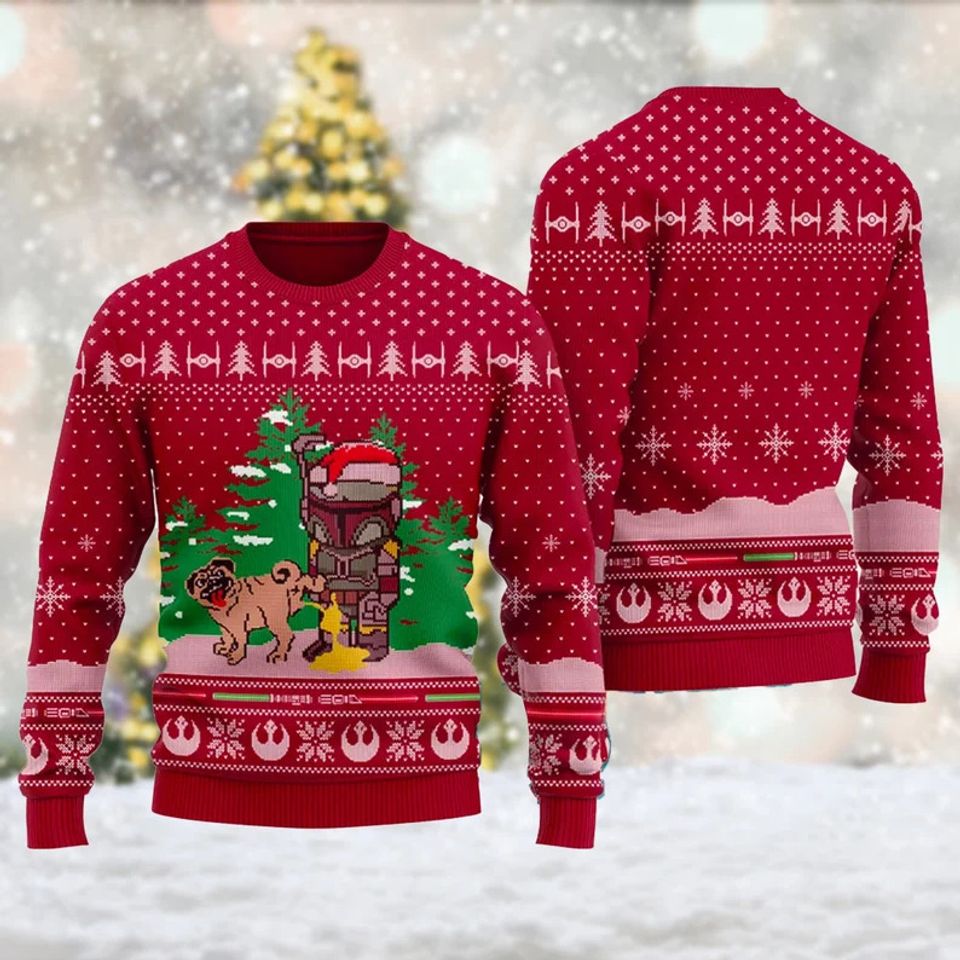 Boba Fett Santa And Dog Peeing Funny Christmas 3D SWEATER