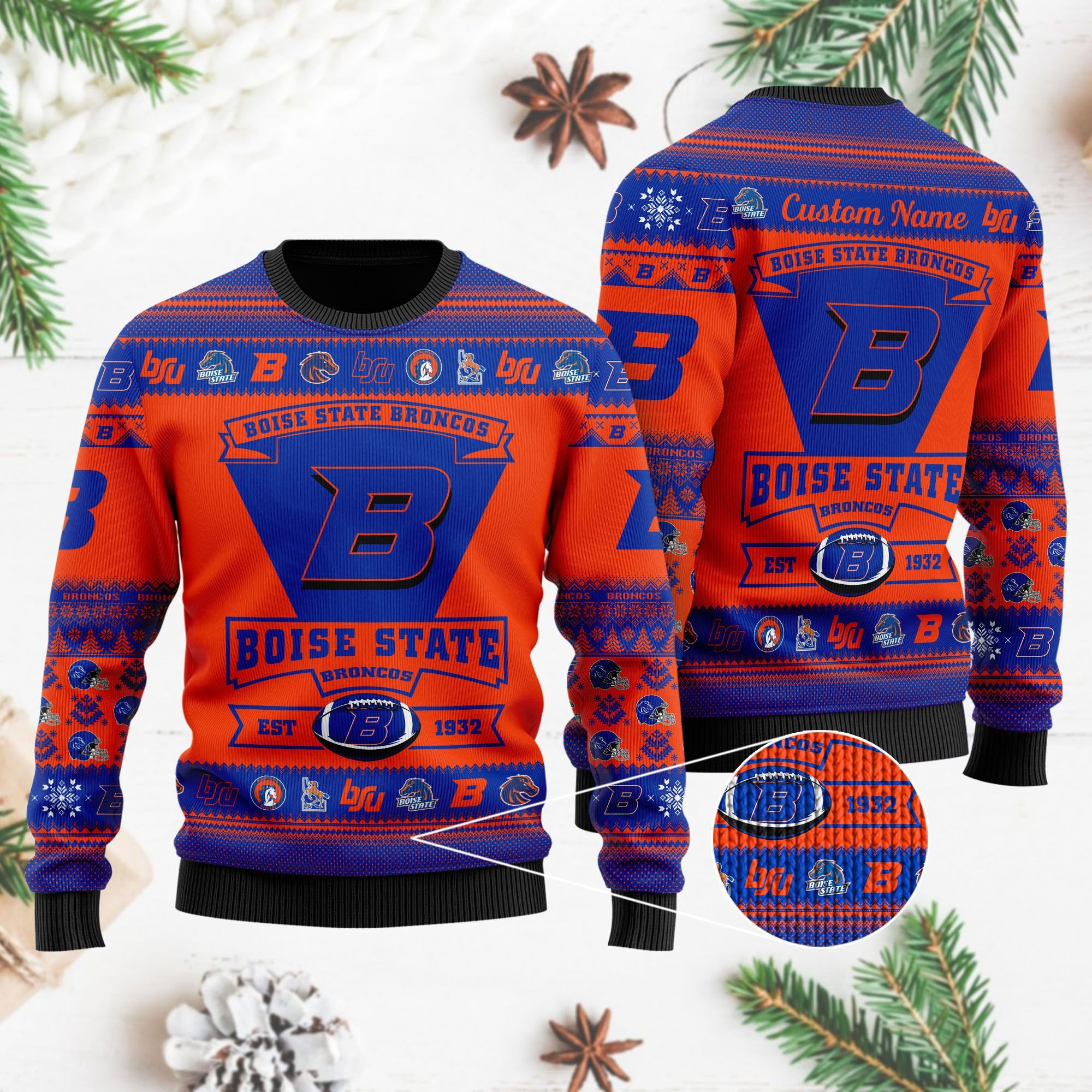 Boise State Broncos Football Team Logo Personalized Ugly Christmas Sweater Adult 3D Funny Matching for family - Image 4