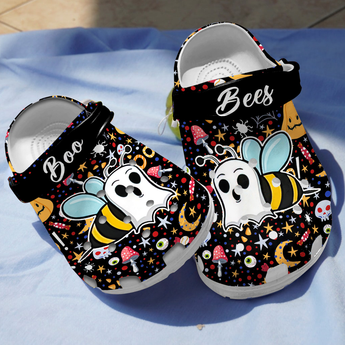 Boo Bee Black Halloween Crocs Crocband Clogs Shoes Comfortable For Men Women and Kids