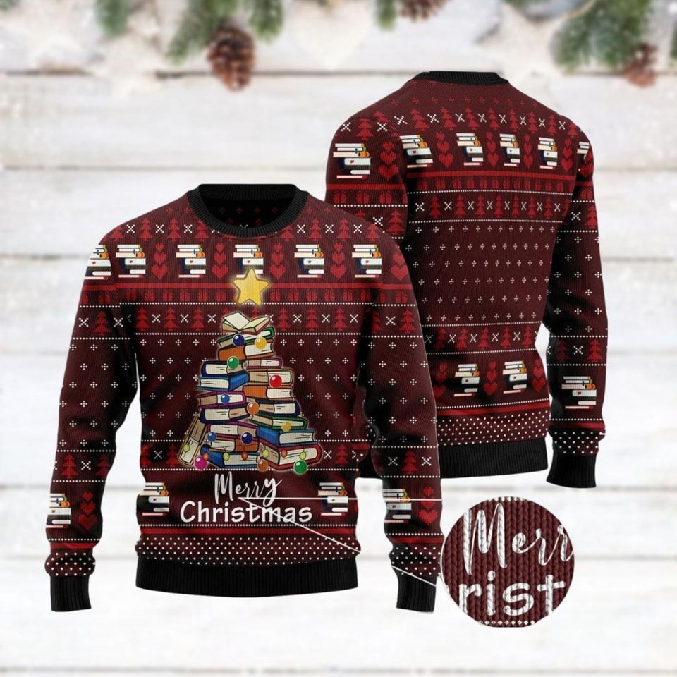 Book Christmas Tree Ugly Sweater - Holiday Hobby