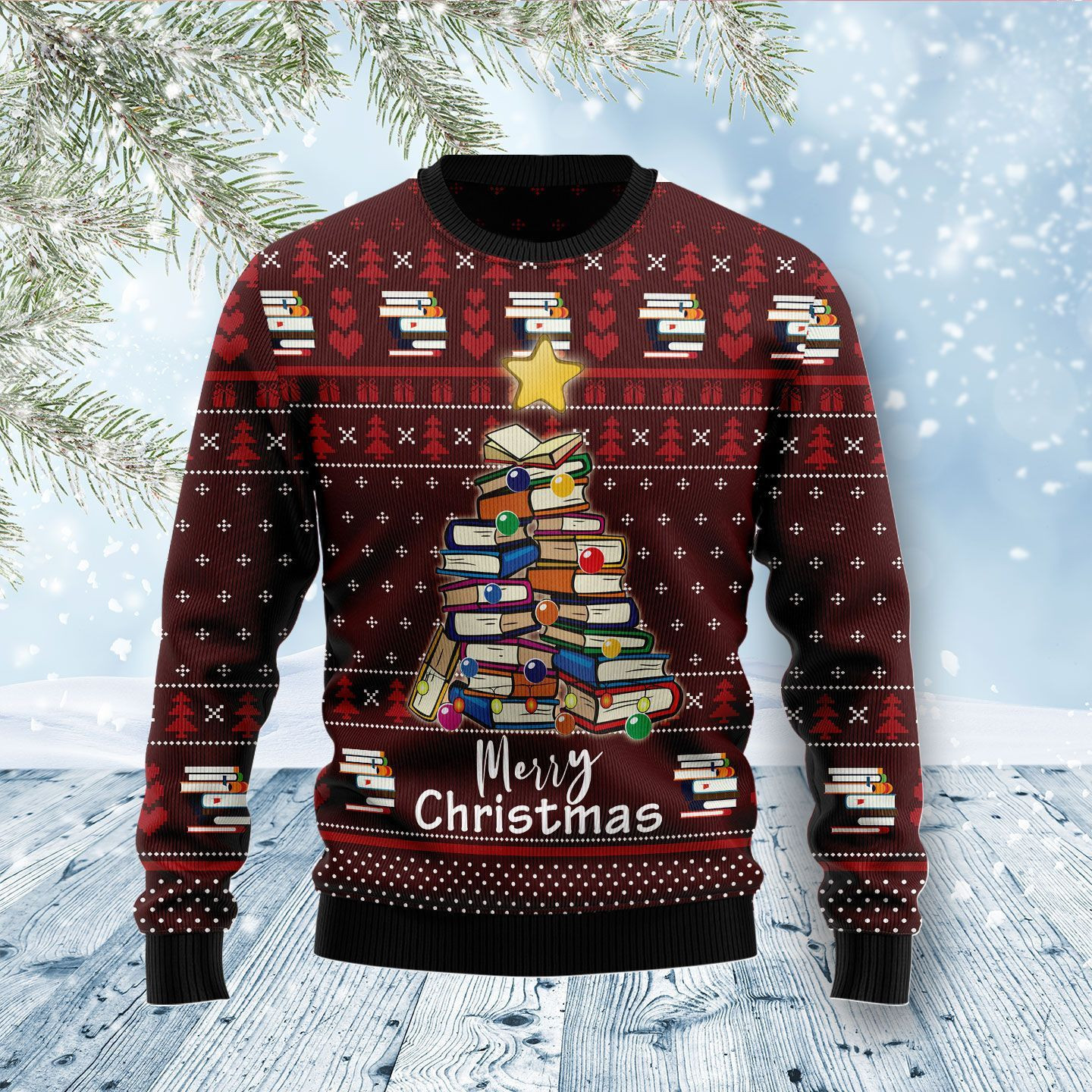 Book Pine Ugly Christmas Sweater Adult 3D Funny Matching for family