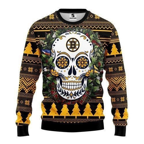 Boston Bruins Skull Flower For Unisex Ugly Christmas Sweater Adult 3D Funny Matching for family