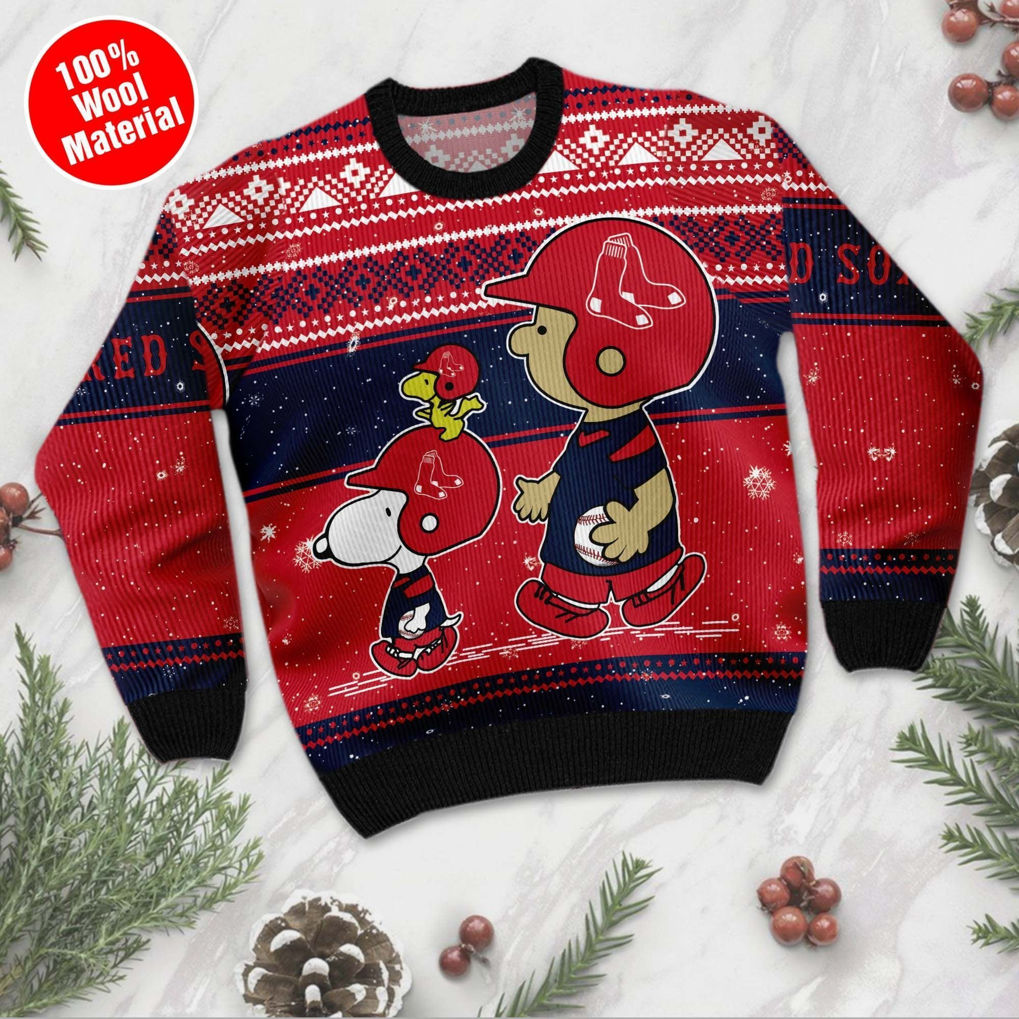 Boston Red Sox Charlie Brown Snoopy Wear Football Jersey Ugly Christmas Sweater Adult 3D Funny Matching for family - Image 2