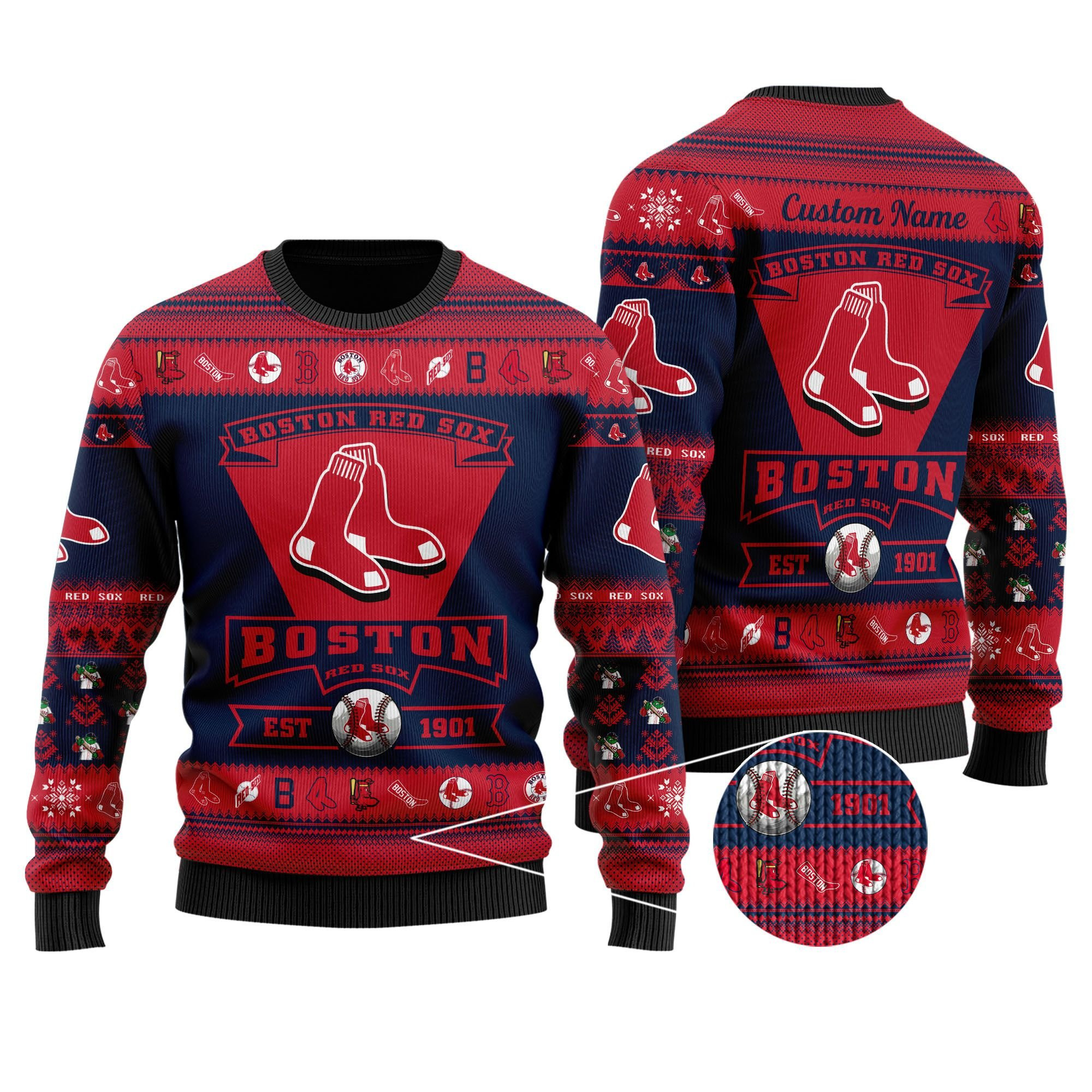 Boston Red Sox Football Team Logo Custom Name Personalized Ugly Christmas Sweater Adult 3D Funny Matching for family