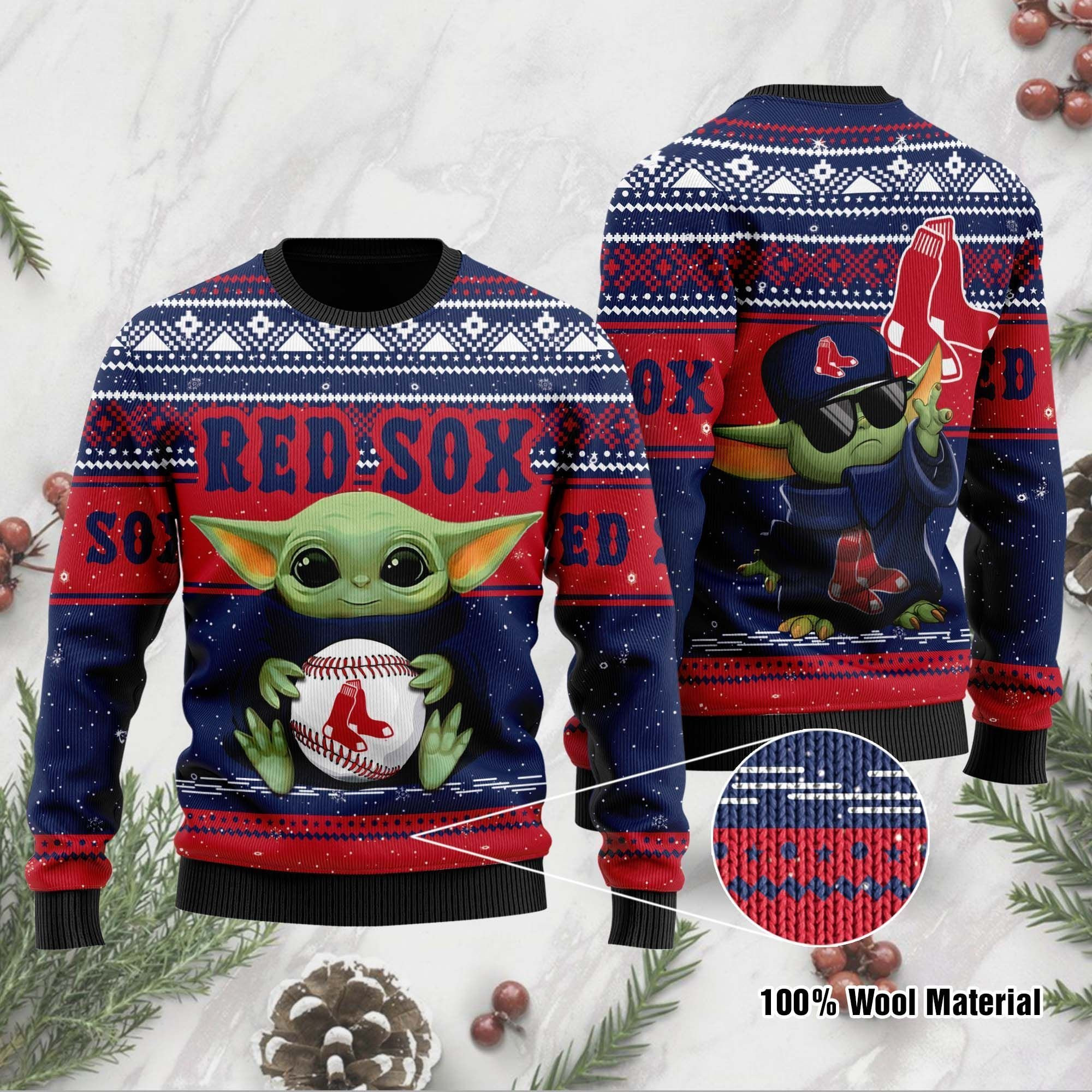 Boston Red Sox Grogu Baby Yoda Hug Logo Ugly Christmas Sweater Adult 3D Funny Matching for family