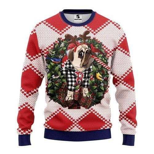 Boston Red Sox Pug Dog Ugly Christmas Sweater Adult 3D Funny Matching for family