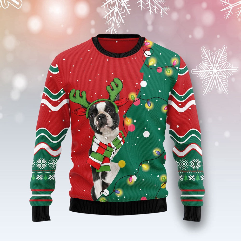 Boston Terrier Christmas Tree Unisex Sweater for Couples Friends Funny Family Christmas Holiday Gift