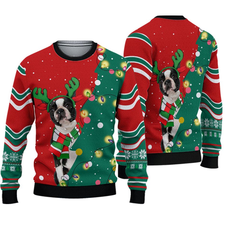 Boston Terrier Christmas Ugly Sweater, Boston Terrier Xmas