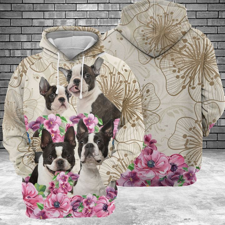 Boston Terrier Flower 3D All Over Print Hoodie, Zip Hoodie