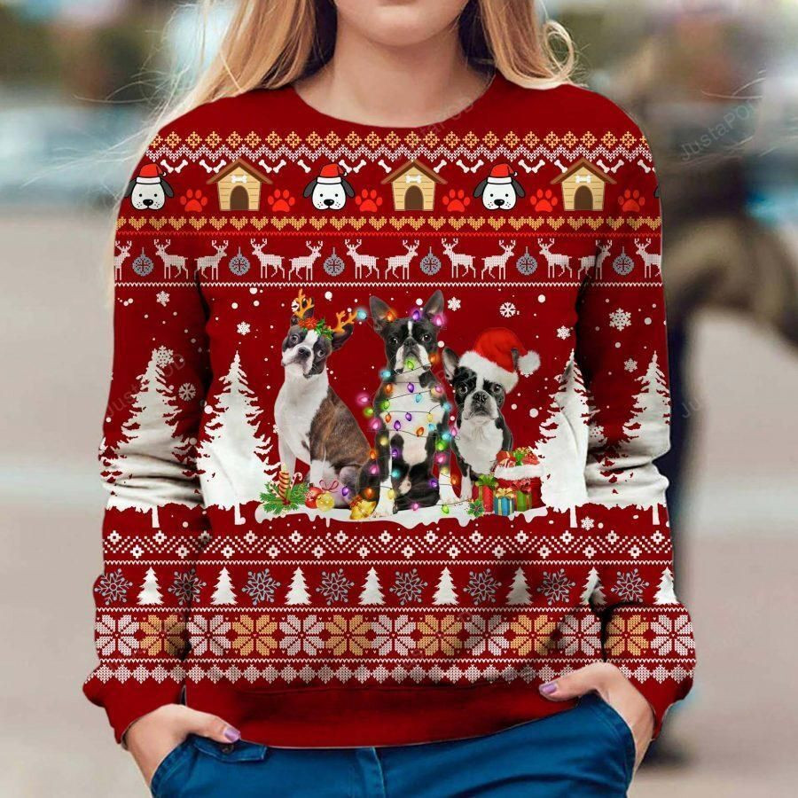 Boston Terrier Ugly Christmas Sweater Adult 3D Funny Matching for family