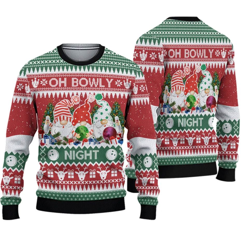 Bowling And Gnomes Lovers Gift Oh Bowly Night Ugly Christmas 3D Sweater