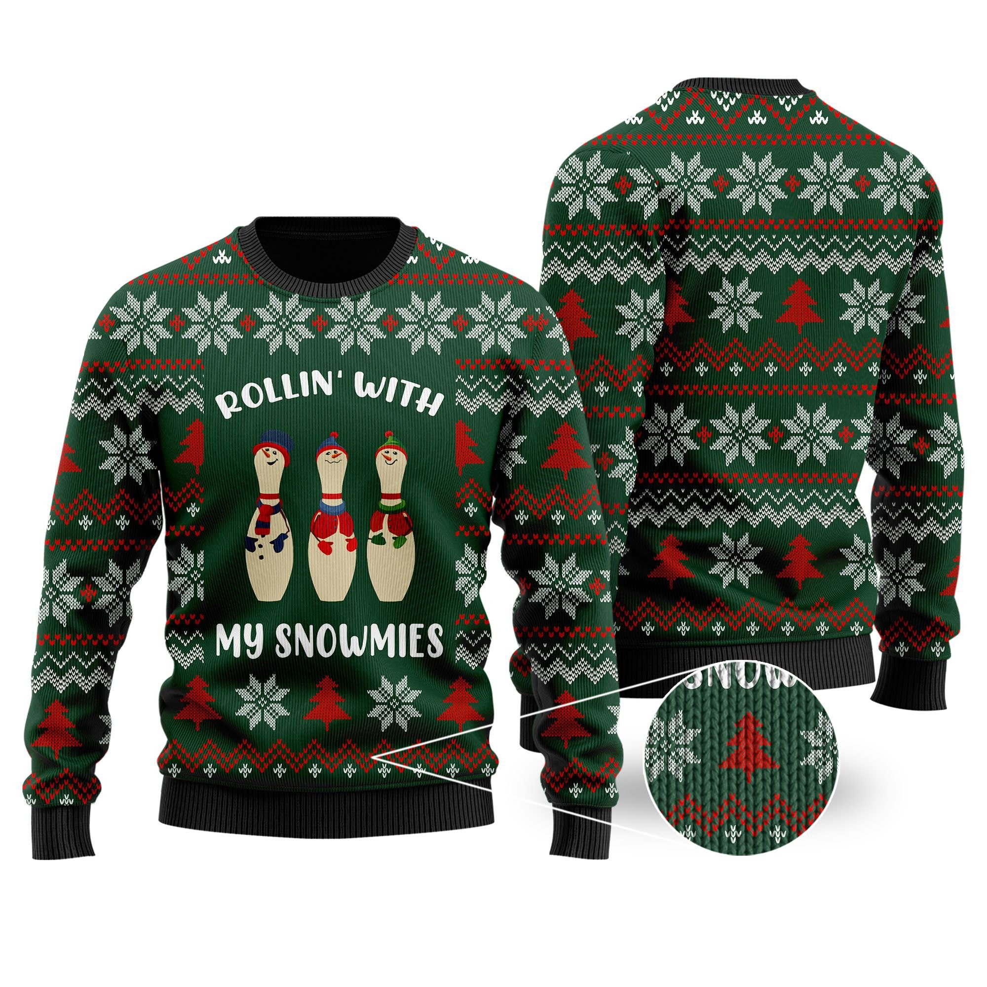 Bowling Rollin With My Snowmies Noel Pattern For Bowlers Sport Lovers Ugly Christmas Sweater Adult 3D Funny Matching for family