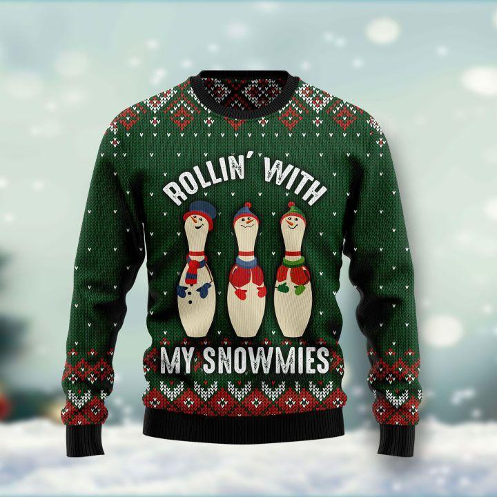 Bowling Rollin With My Snowmies Ugly Christmas Sweater Adult 3D Funny Matching for family