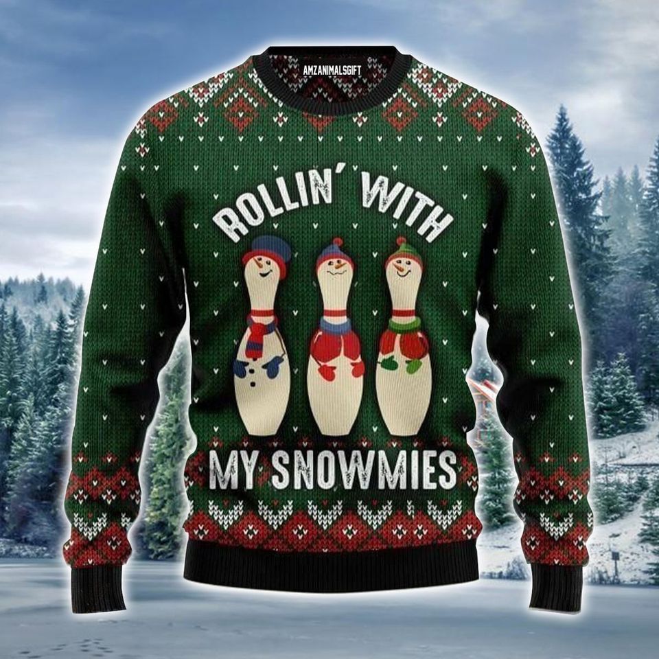 Bowling Rollin' With My Snowmies Ugly Christmas Sweater, Christmas Ugly Sweater