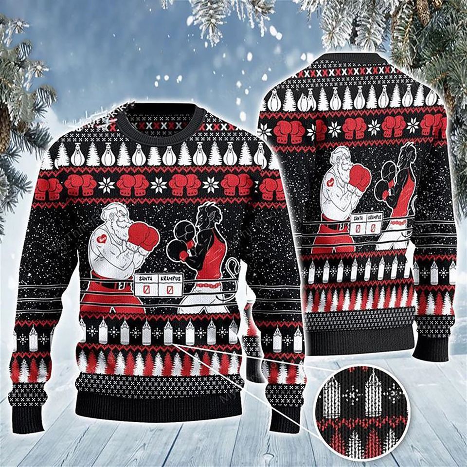 Boxing Santa And Kramp 3D Christmas Zip Sweater