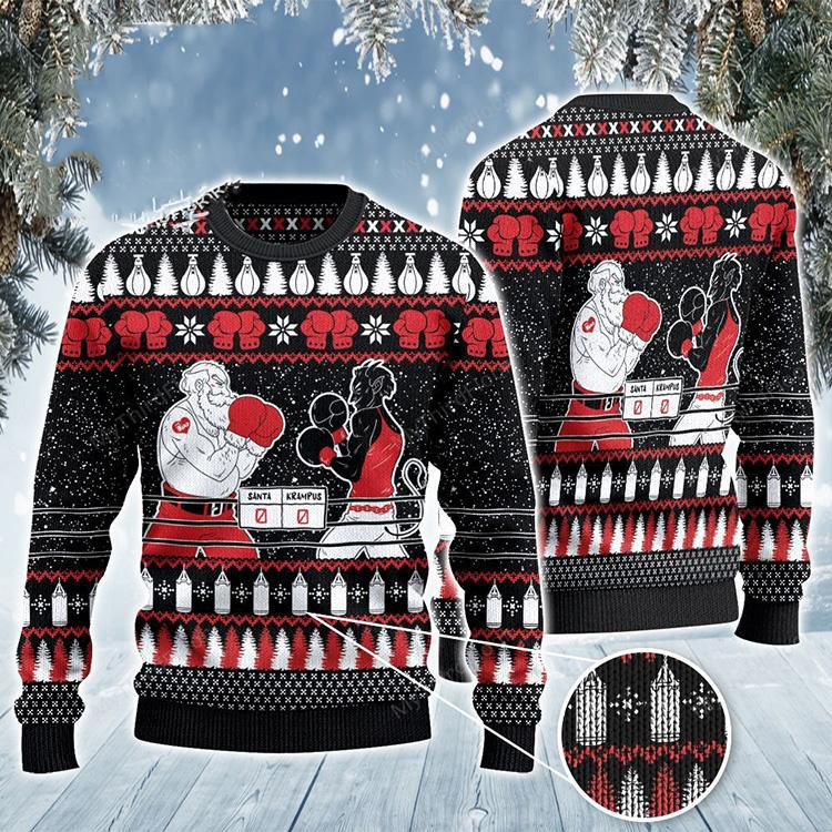 Boxing Santa And Krampus Ugly Christmas Sweater Adult 3D Funny Matching for family