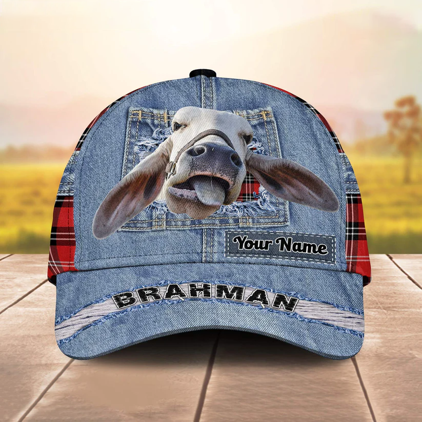 Brahman Cattle Overall Jeans Pattern And Red Caro Pattern Customized Name Cap Trucker Hats Custom Hats Gifts For Men & Women