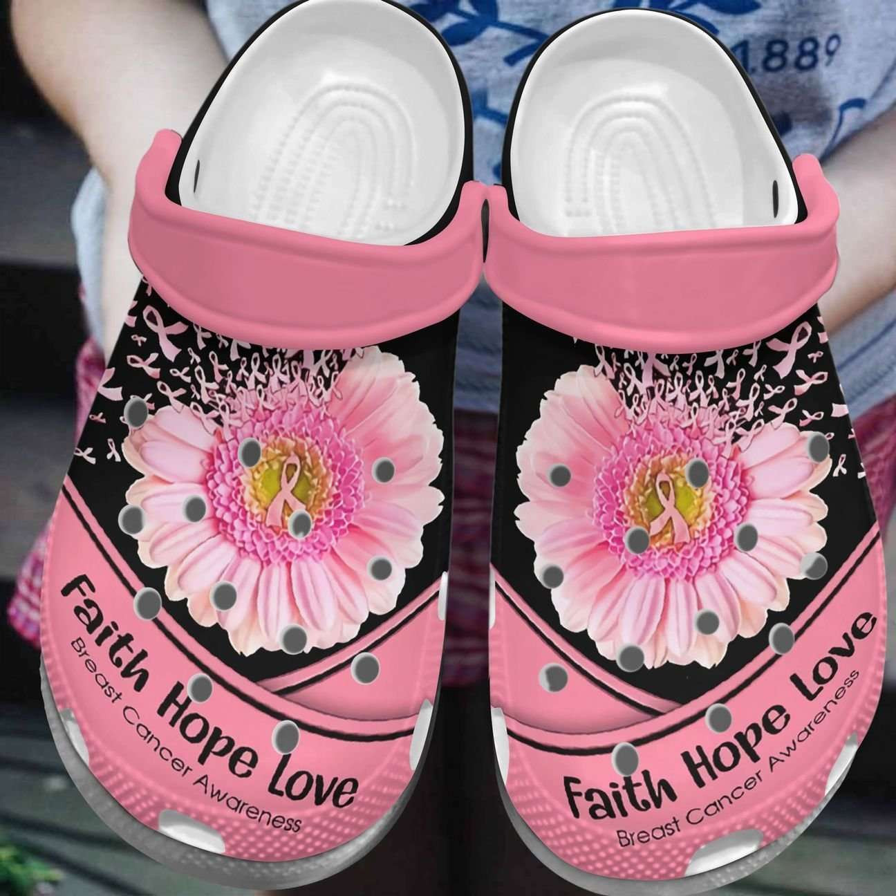 Breast Cancer Awareness Faith Hope Love Daisy Flower Crocband Clog Shoes