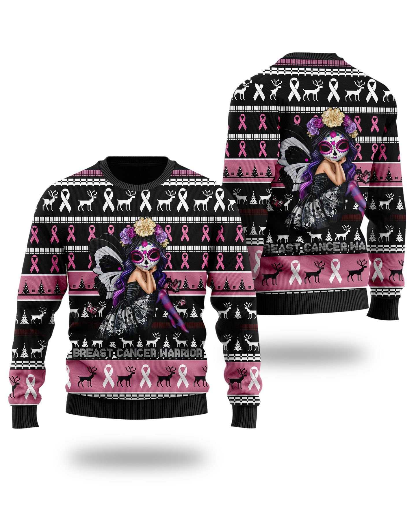 Breast Cancer Warrior With Pink Ribbons For Breast Cancer Patients And Supporters Ugly Christmas Sweater Adult 3D Funny Matching for family