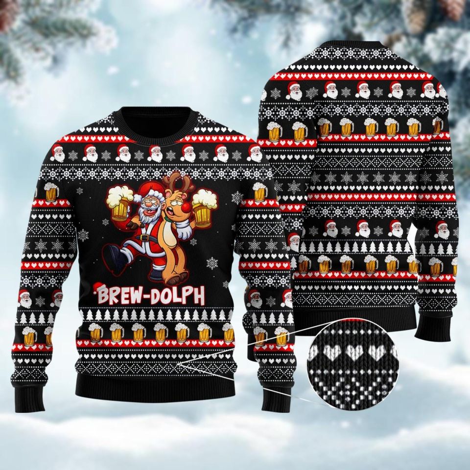 Brewdolph Reindeer Christmas Ugly Sweater, Santa Drinking Beer