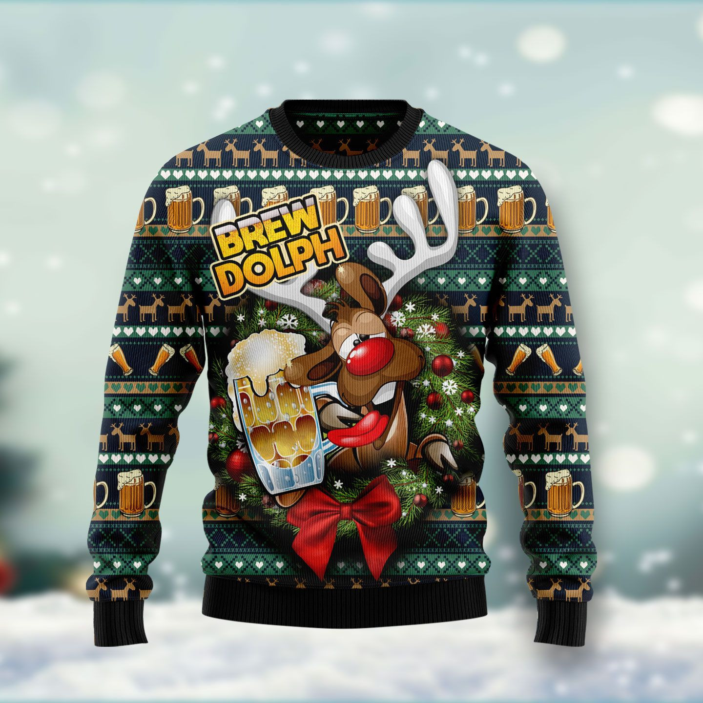 Brewdolph Reindeer Ugly Christmas Sweater Adult 3D Funny Matching for family