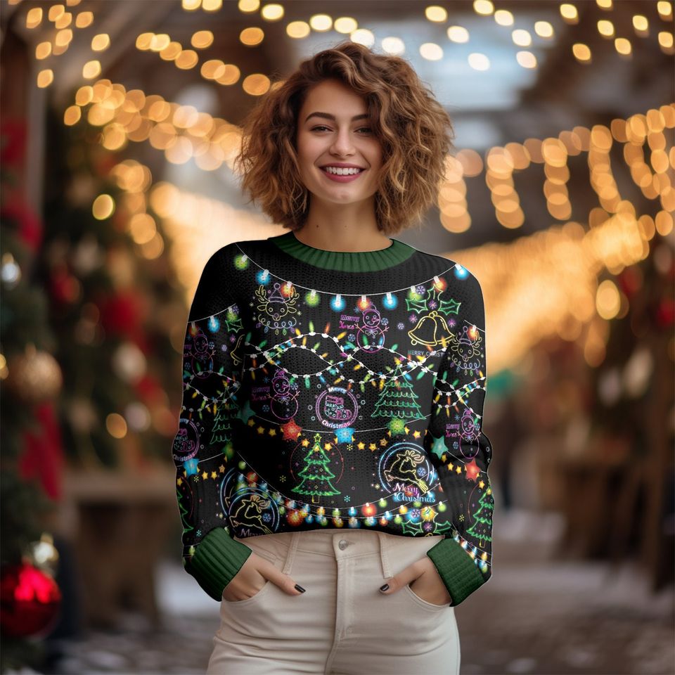 Bright Neon Lighting Ugly Christmas Sweater, Ugly Sweater 2023, Neon Lighting Sweater - Image 3