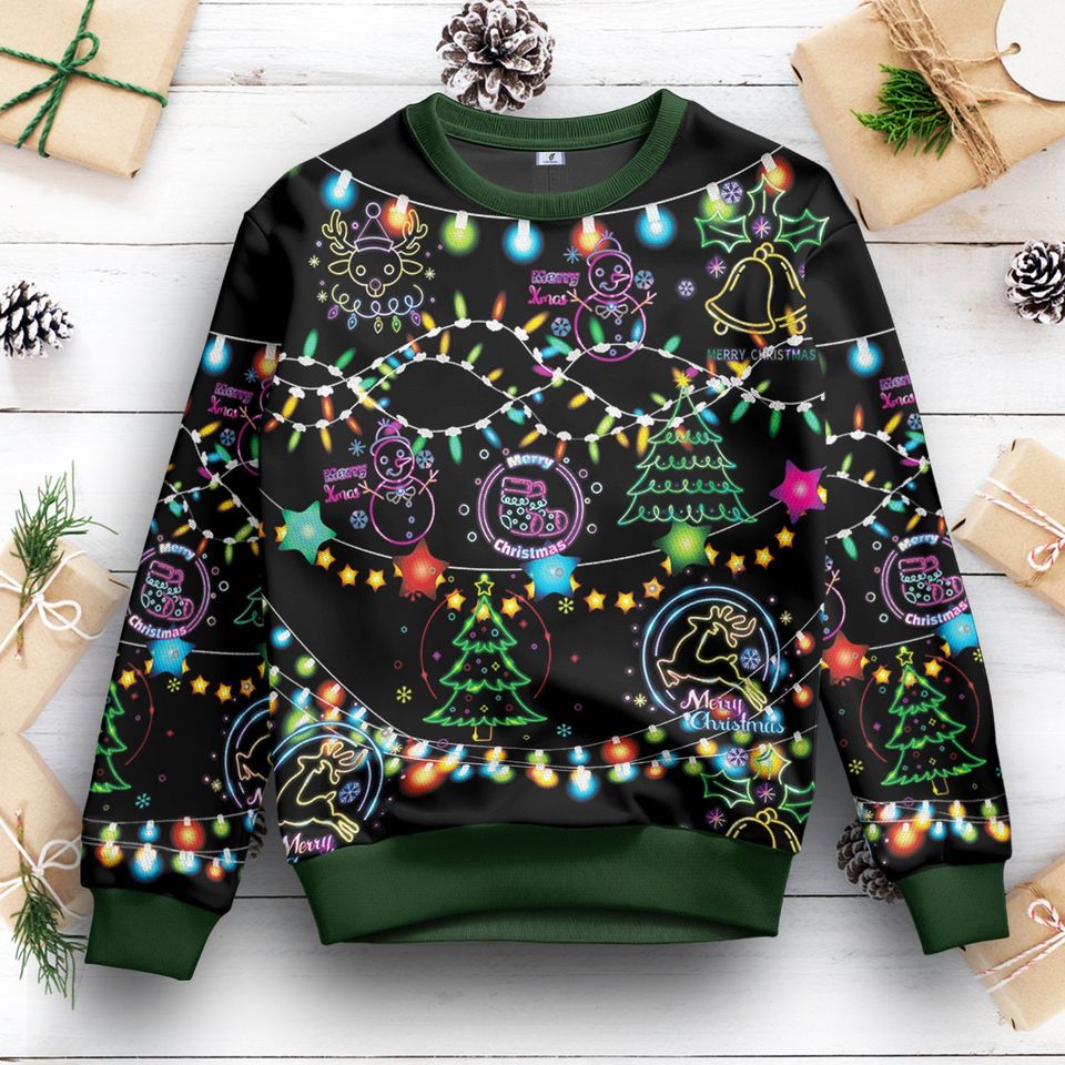 Bright Neon Lighting Ugly Christmas Sweater, Ugly Sweater 2023, Neon Lighting Sweater - Image 4