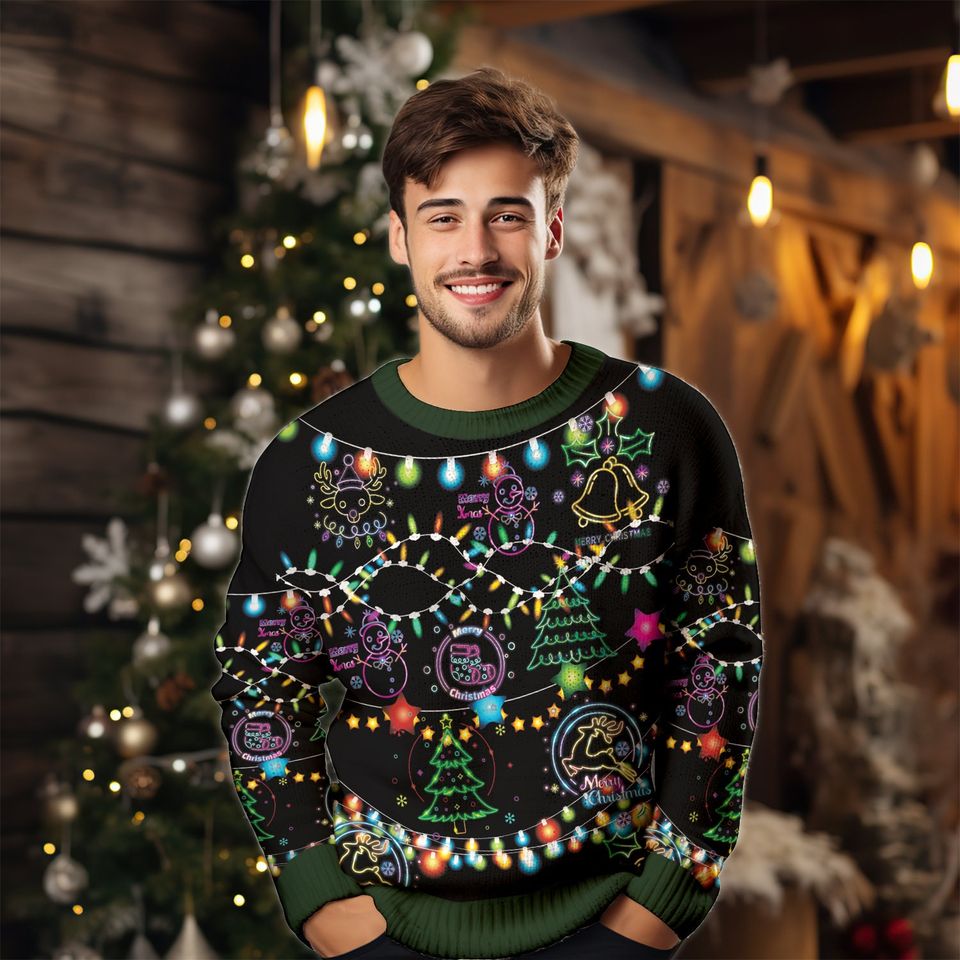 Bright Neon Lighting Ugly Christmas Sweater, Ugly Sweater 2023, Neon Lighting Sweater - Image 2