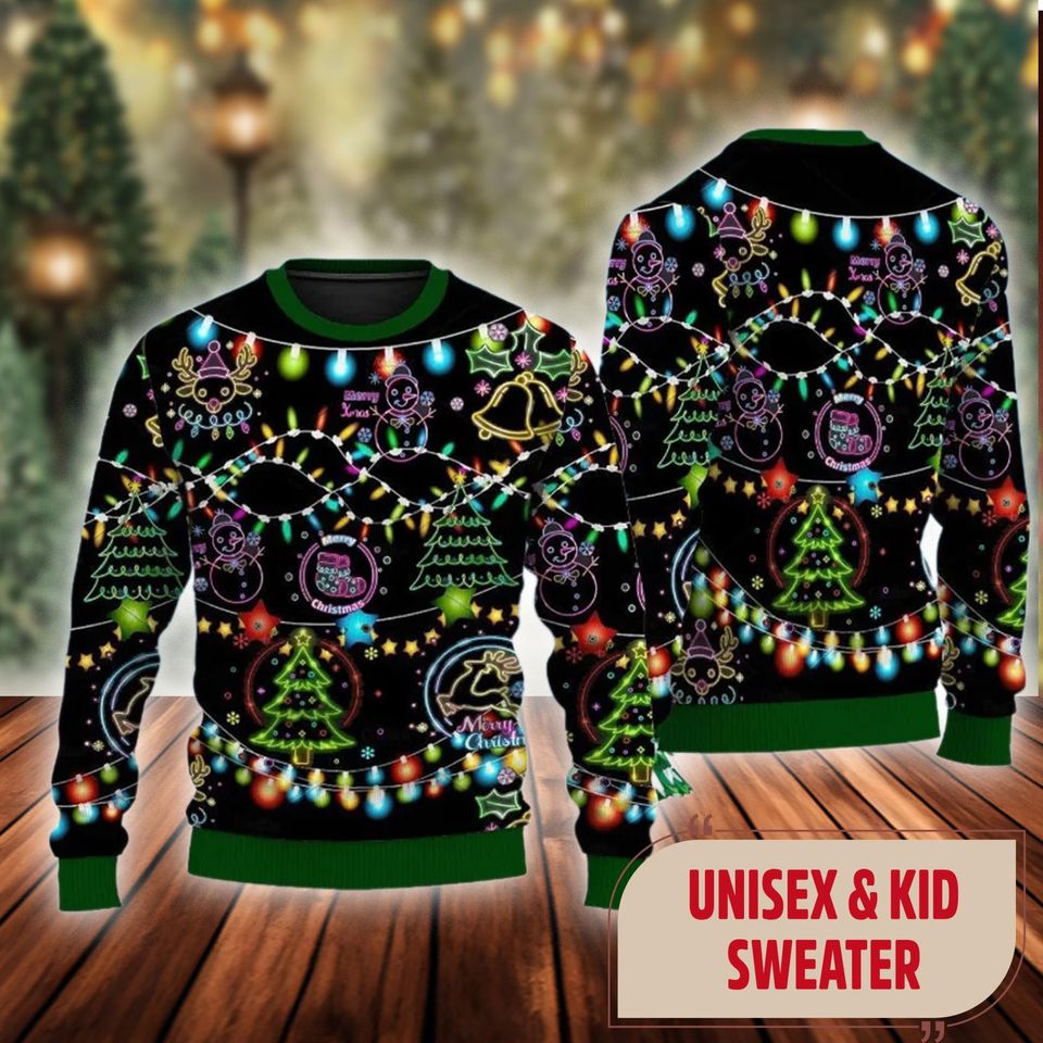 Bright Neon Lighting Ugly Sweater, Christmas Neon Lighting Sweatshirt, Santa Claus Xmas Holiday Party Shirt, Merry Christmas Shirt - Image 3