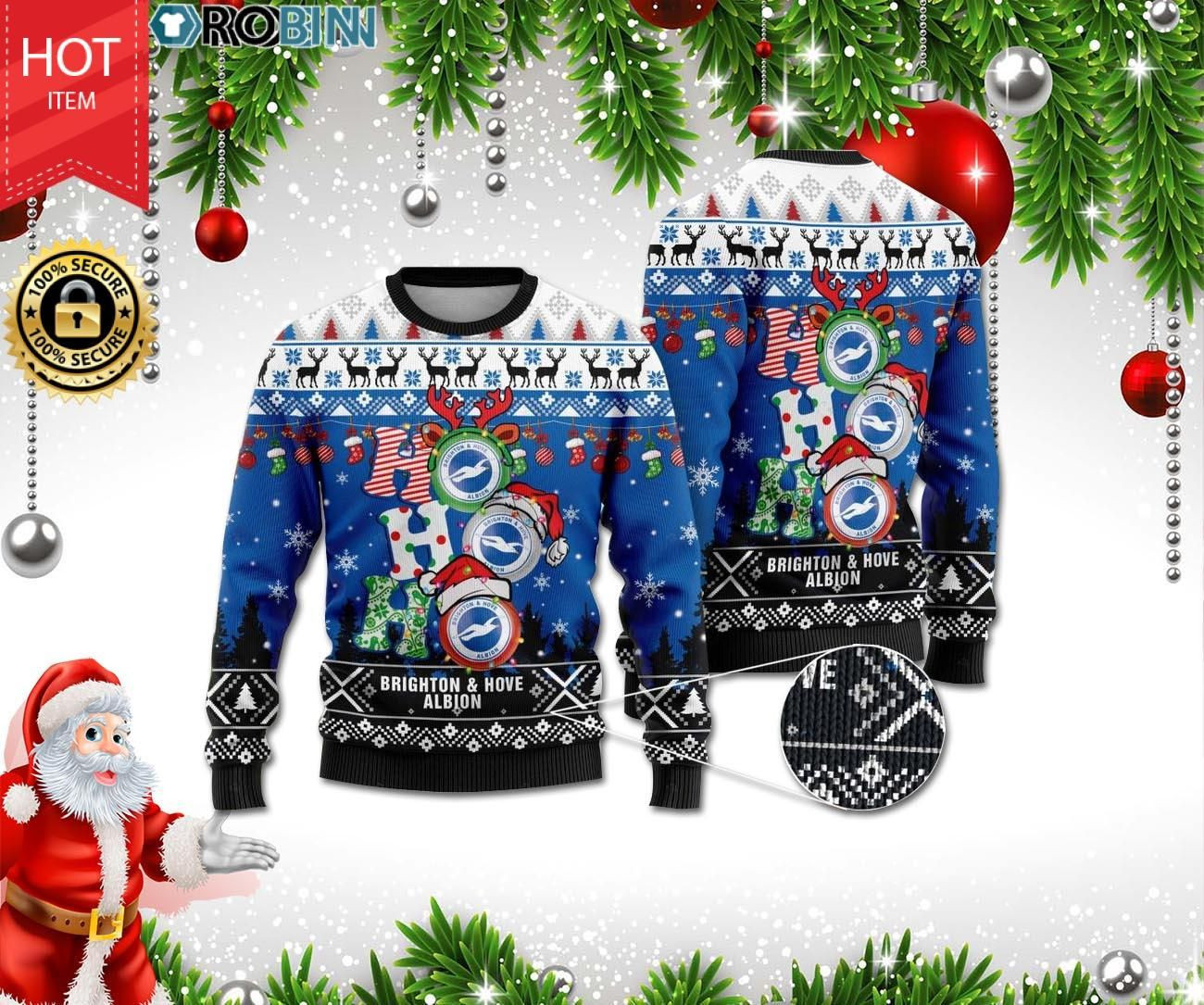 Brighton &Amp;Amp; Hove Albion Ho Ho Ho 3D Print Ugly Christmas Sweater Adult 3D Funny Matching for family