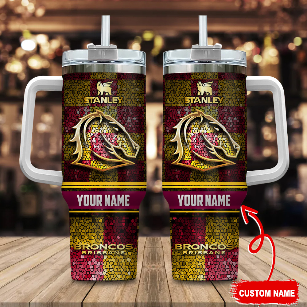 Brisbane Broncos NRL Golden Logo Stained Glass Effect Custom Stanley Cup 40 oz 30 oz Tumbler With HandleTVC2301178